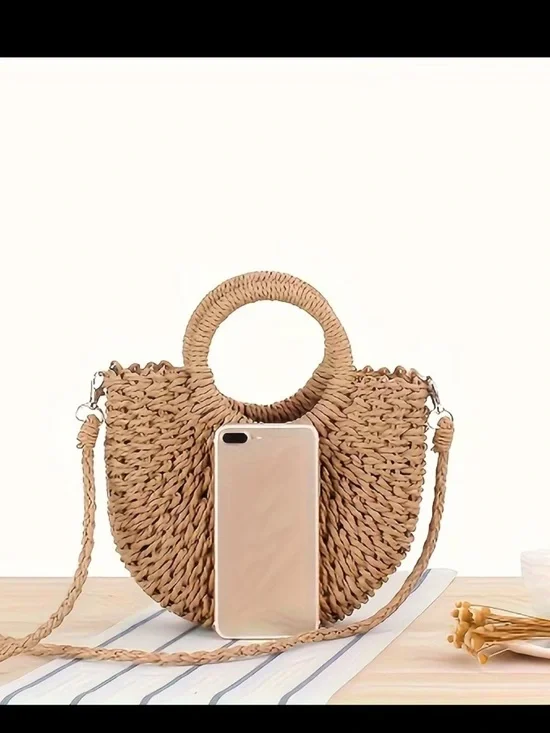 Affordable Fashion Finds Woven Straw Round-Handle Crossbody Bag - Natural Tan - Picture 2 of 4
